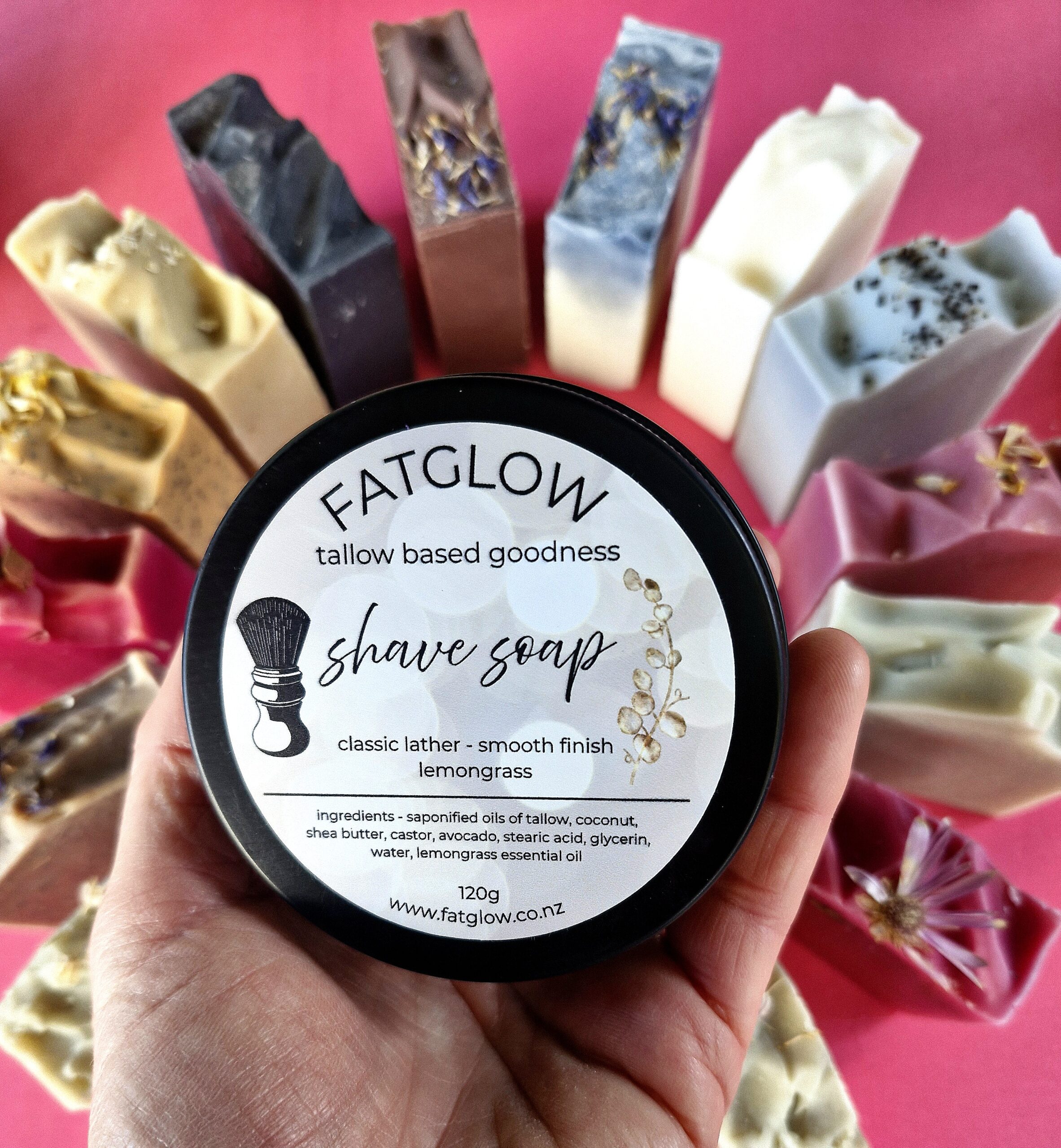 Tallow Shave Soap - Lemongrass above a circle of soaps, showing natural colours and shave soap - handmade in New Zealand by Fatglow
