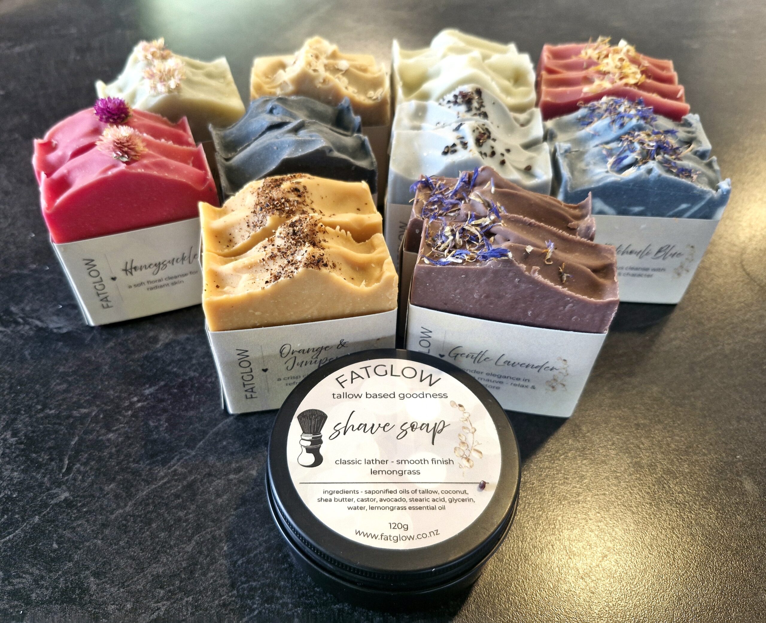 Tallow Soap and Shave Soap in an arrangement showing off natural colours, handmade in New Zealand by Fatglow