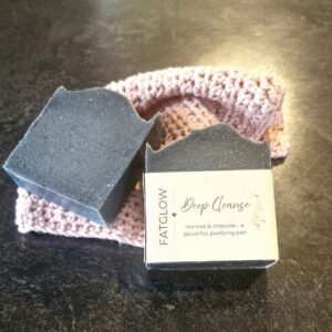 Fatglow Deep Cleanse tallow soap with activated charcoal and tea tree essential oil, handmade in New Zealand