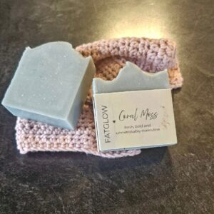 Fatglow Coral Moss tallow soap with a hint of activated charcoal for color and fresh coral moss fragrance, handmade in New Zealand