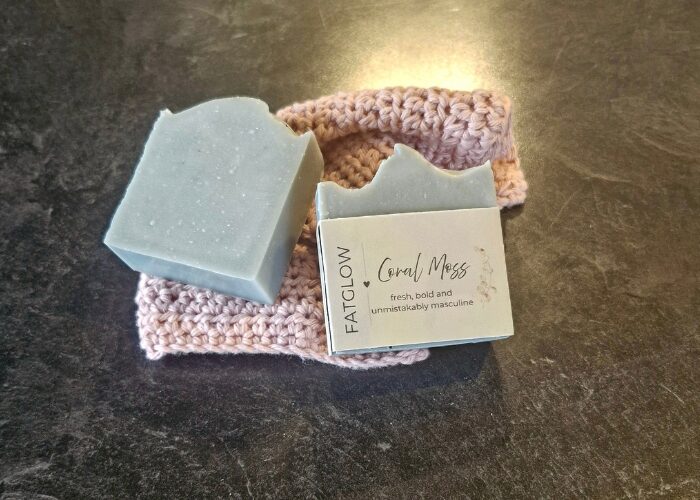 Fatglow Coral Moss tallow soap with a hint of activated charcoal for color and fresh coral moss fragrance, handmade in New Zealand