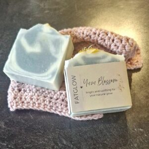 Fatglow Yuzu Blossom tallow soap with blue indigo swirls and yuzu blossom fragrance, handmade in New Zealand