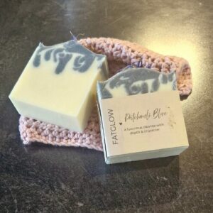 Fatglow Patchouli Blue tallow soap with blue indigo swirls and patchouli essential oil, handmade in New Zealand