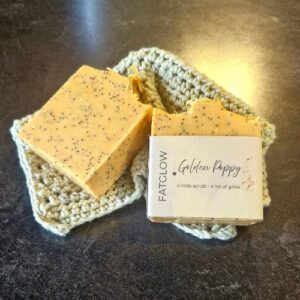 Fatglow Golden Poppy tallow soap with yellow clay, poppy seeds and lemongrass essential oil, handmade in New Zealand