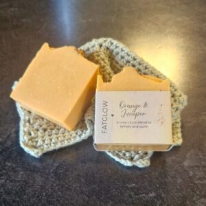 Fatglow Orange and Juniper tallow soap with yellow clay, juniper and citron and mandarin fragrance, handmade in New Zealand