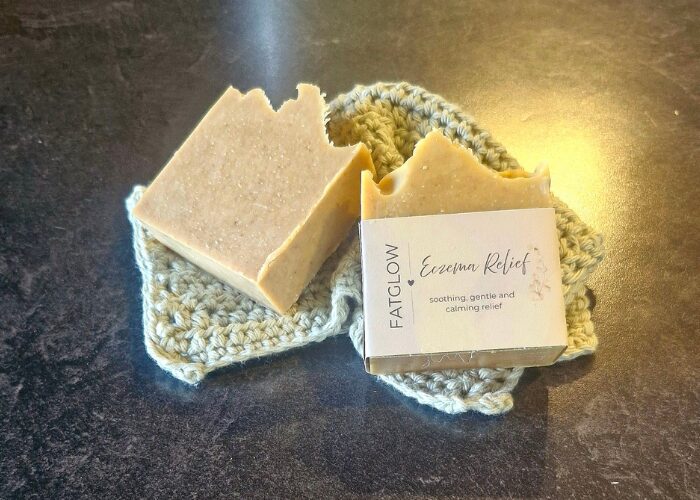 Fatglow Eczema Relief tallow soap with pine tar and colloidal oats, handmade in New Zealand, gentle for sensitive skin