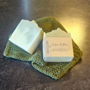 Fatglow Cedar & Pine tallow soap with pine needles, green clay and cedarwood essential oil, handmade in New Zealand