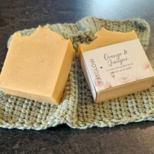Fatglow Orange and Juniper tallow soap with yellow clay, juniper and citron and mandarin fragrance, handmade in New Zealand