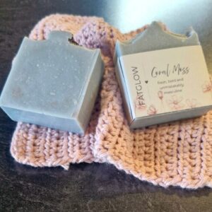 Fatglow Coral Moss tallow soap with a hint of activated charcoal for color and fresh coral moss fragrance, handmade in New Zealand