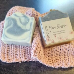 Fatglow Yuzu Blossom tallow soap with blue indigo swirls and yuzu blossom fragrance, handmade in New Zealand