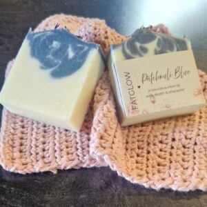 Fatglow Patchouli Blue tallow soap with blue indigo swirls and patchouli essential oil, handmade in New Zealand