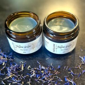 Fatglow Tallow Balm Blue Tansy handmade in New Zealand - grass-fed tallow balm with blue tansy essential oil, rich in antioxidants and chamazulene for calm, healthy skin