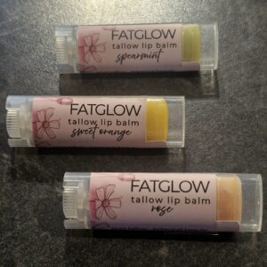 Fatglow Botanical Lip Collection — Sweet Orange Annatto, Rose Alkanet and Spearmint Spirulina grass-fed tallow lip balms, naturally infused botanical lip treatments handmade in New Zealand