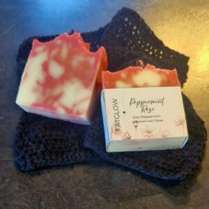 Handcrafted peppermint rose grass-fed tallow soap naturally coloured with Himalayan rhubarb, made in Taranaki New Zealand by Fatglow