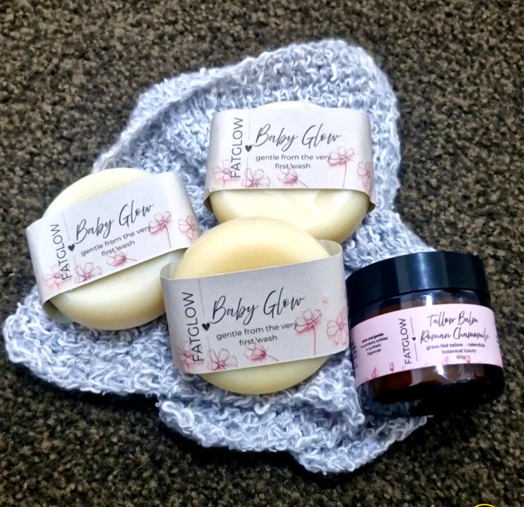 Fatglow Baby Glow with Roman Chamomile Tallow Balm and blue face cloth - handcrafted in Taranaki New Zealand