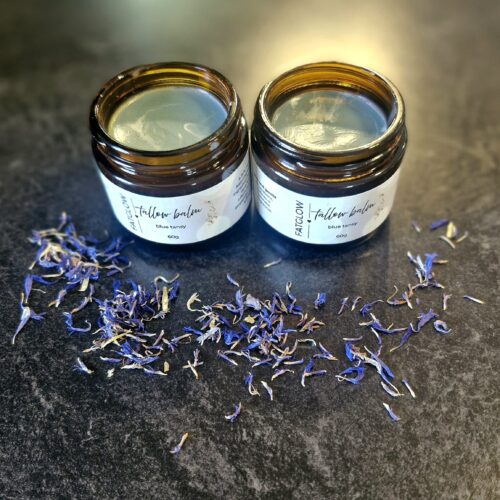 Fatglow Tallow Balm with blue tansy, handmade in New Zealand, soft and nourishing for skin