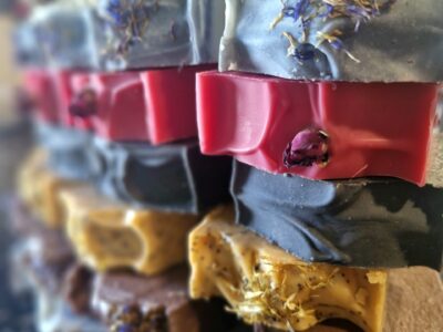 Tallow Soap by Fatglow, showing a stack of tallow soap, highlighting all the beautiful natural colours, handmade in New Zealand by Fatglow