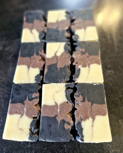 Dusky Clay handmade tallow soap by Fatglow with black, purple and white natural clay layers, made in New Zealand