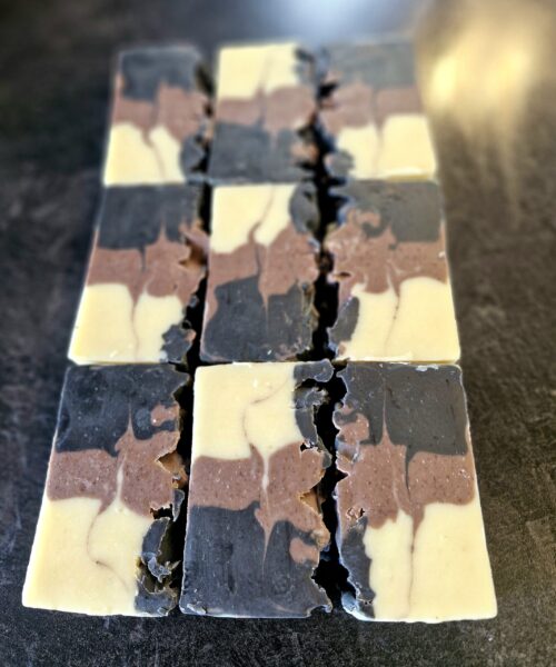 Dusky Clay handmade tallow soap by Fatglow with black, purple and white natural clay layers, made in New Zealand