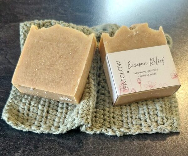 Fatglow Eczema Relief tallow soap with pine tar and colloidal oats, handmade in New Zealand, gentle for eczema and itchy skin