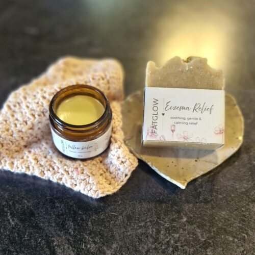 Handcrafted grass-fed tallow soap and roman chamomile balm for eczema and sensitive skin, made in Taranaki, NZ