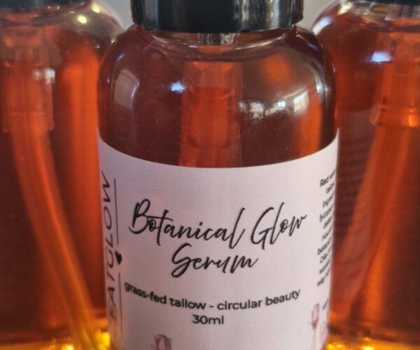 Botanical Glow Serum by Fatglow - 30ml glass bottle with pump, grass-fed tallow and circular beauty serum handcrafted in Taranaki, New Zealand